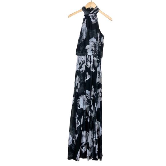 Xscape Halter Blouson Rose Floral Maxi Dress Gown Size 2 - Picture 2 of 9